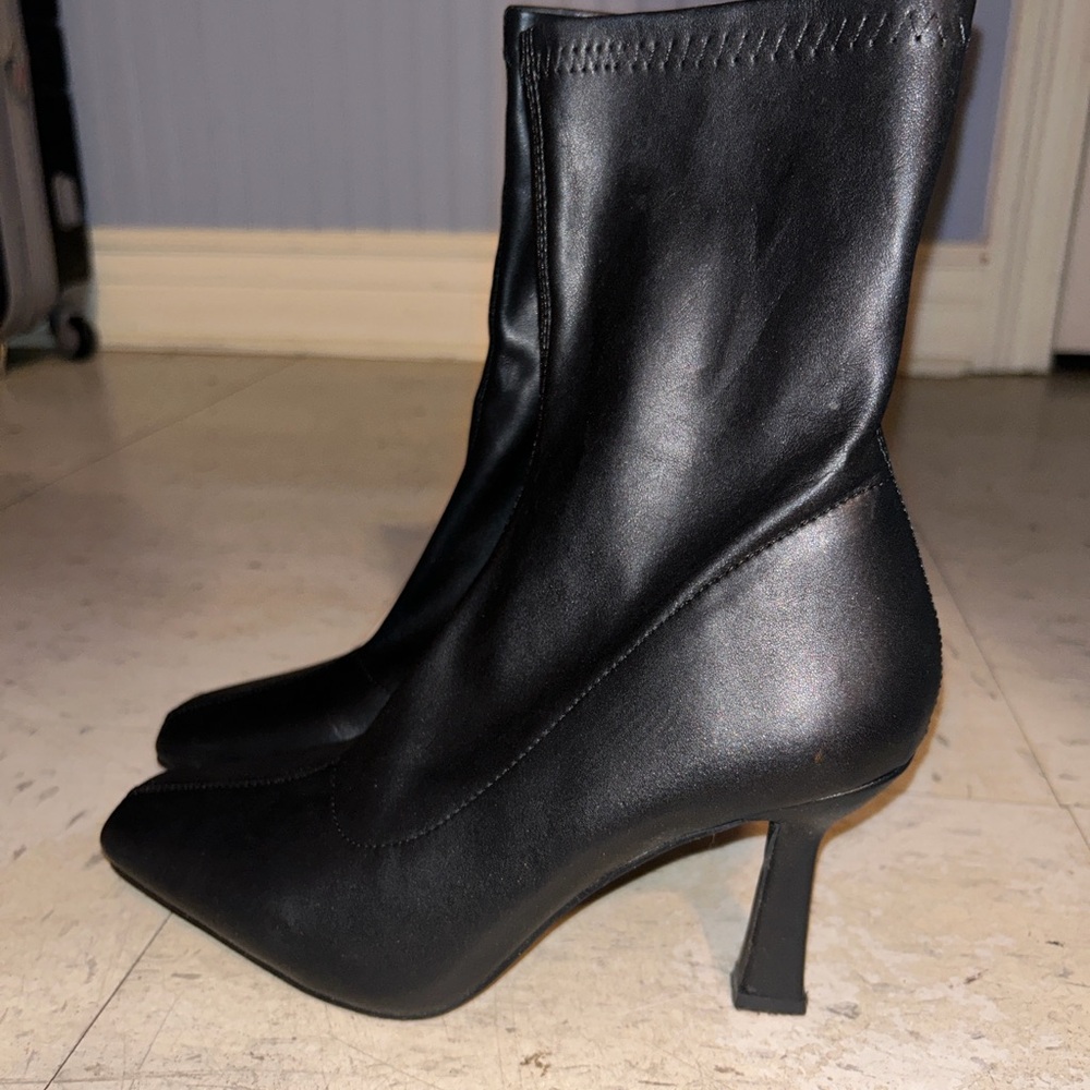 Black leather ankle boots with 4" heel